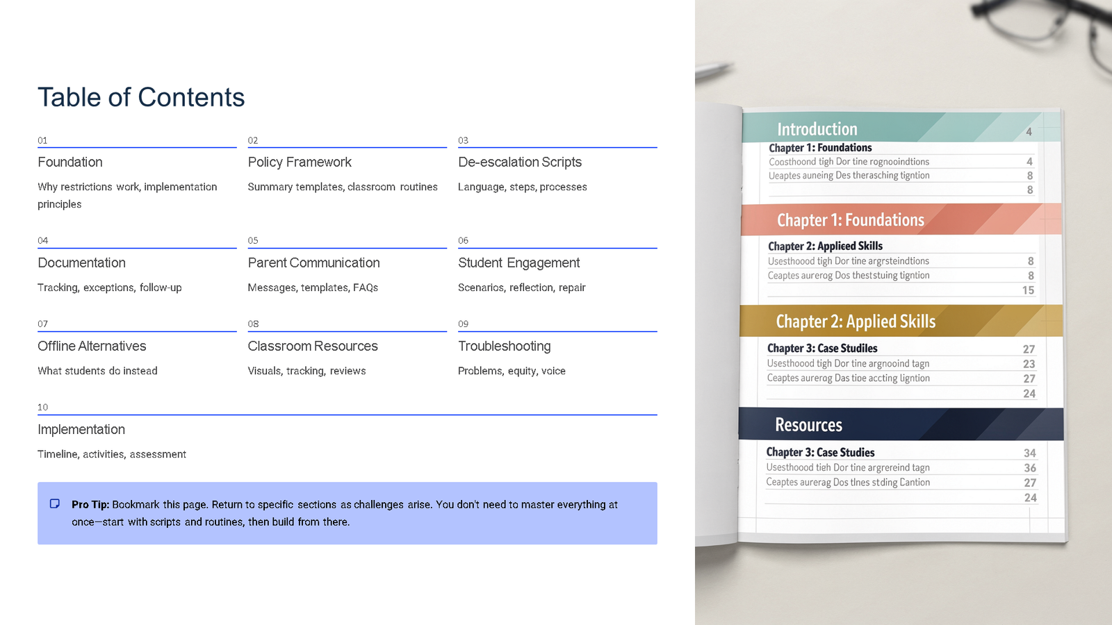 Modern table of contents layout and printed booklet