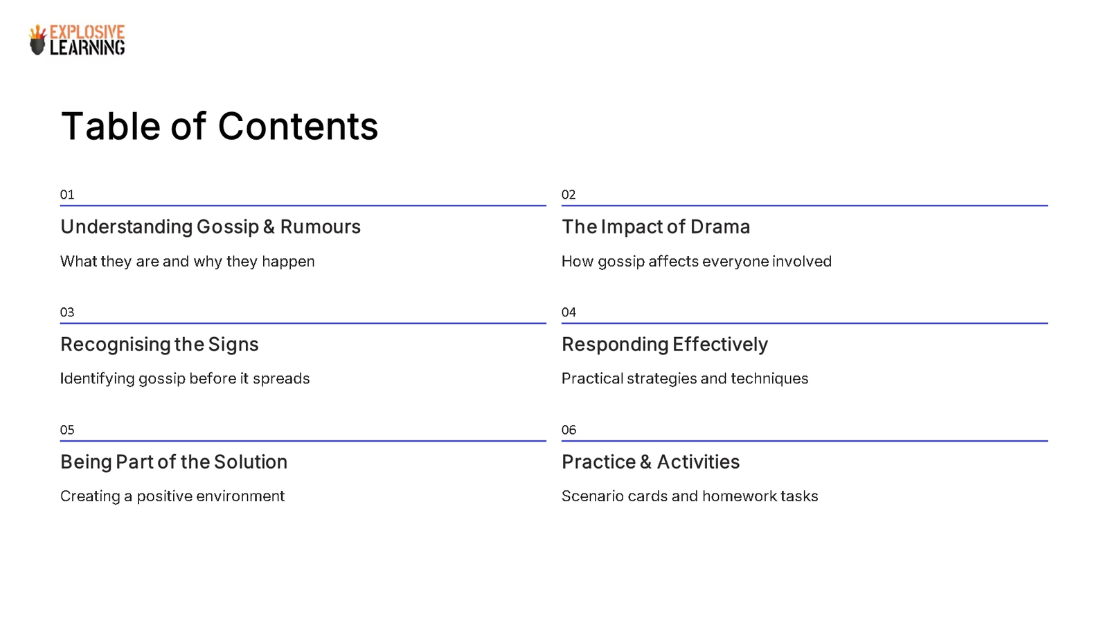 Table of contents slide about gossip and rumours