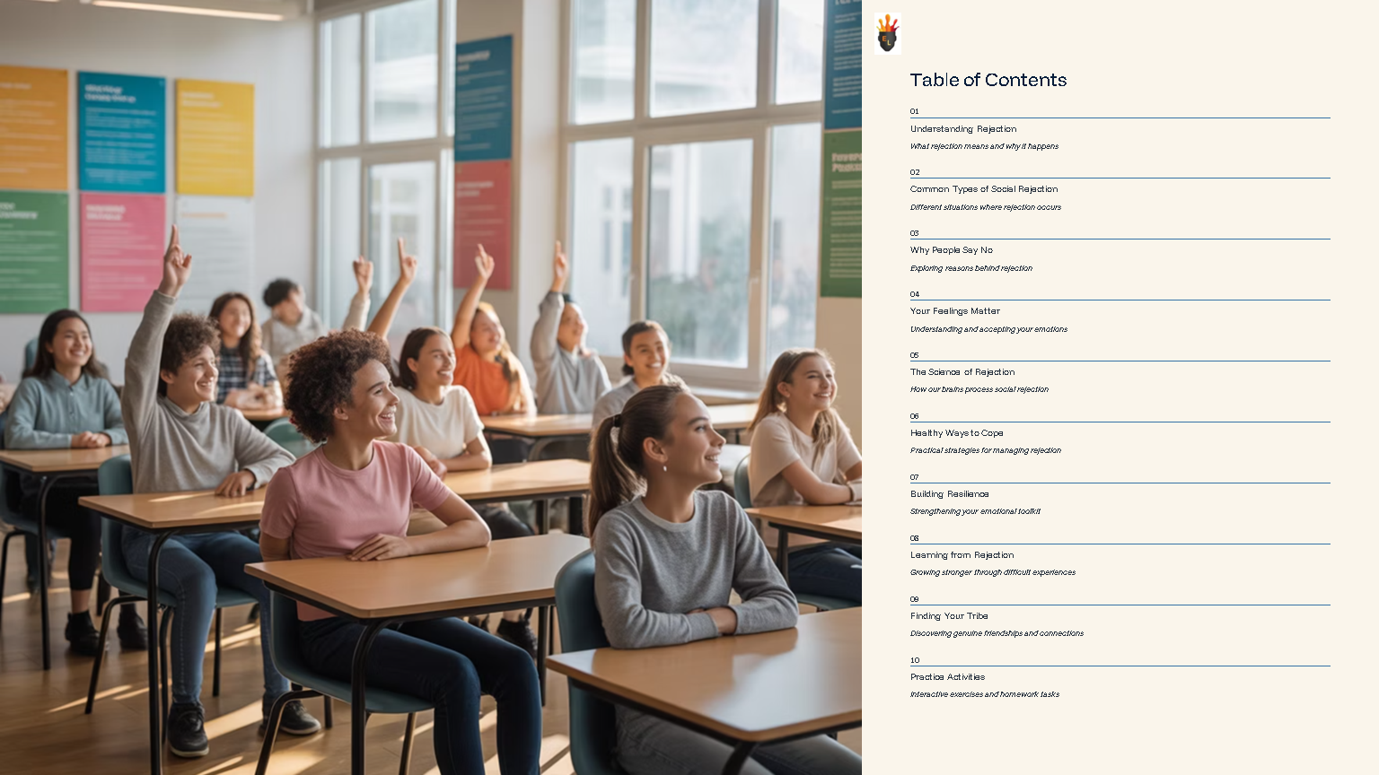 Students raising hands in bright secondary school classroom