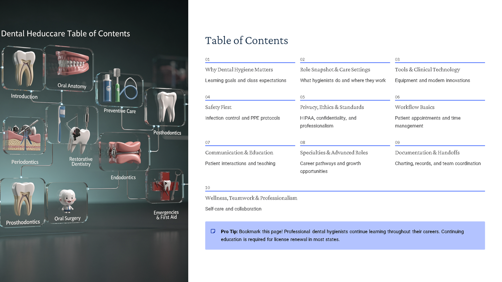 Dental healthcare table of contents infographic