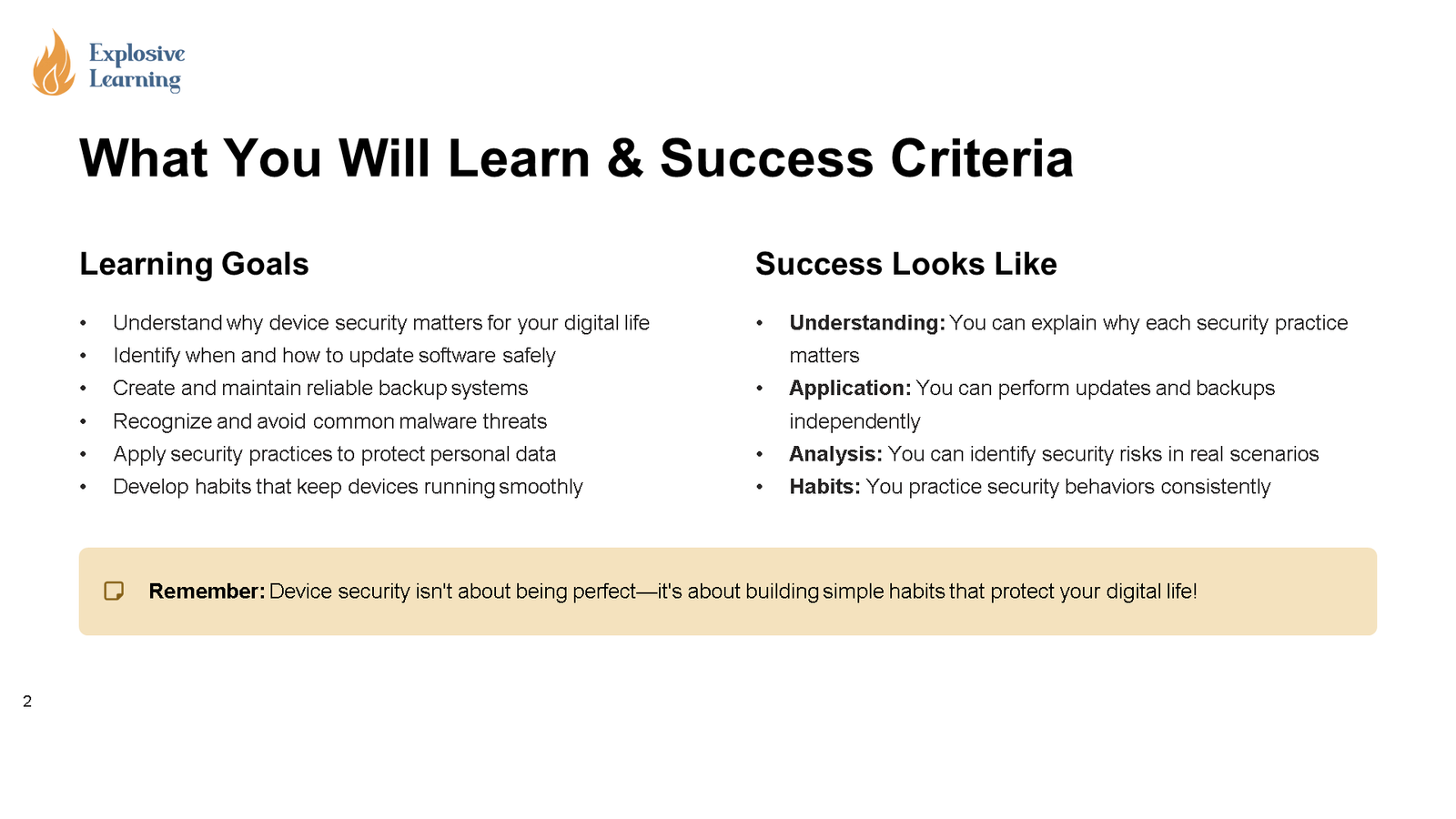 Device security learning goals and success criteria slide