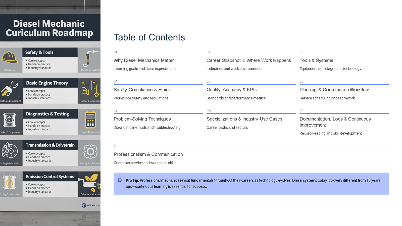 Diesel mechanic curriculum roadmap and table of contents