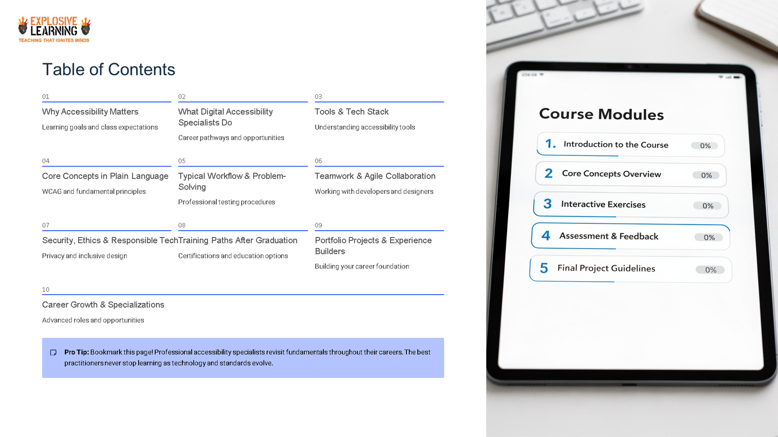Digital accessibility course contents and modules on tablet