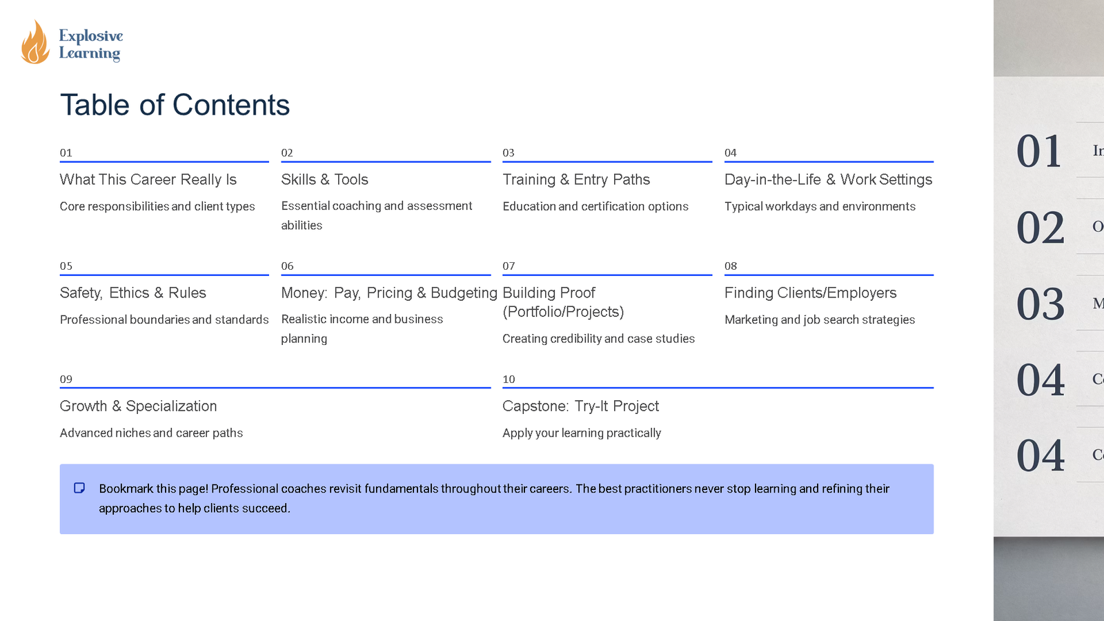 Explosive Learning course table of contents slide