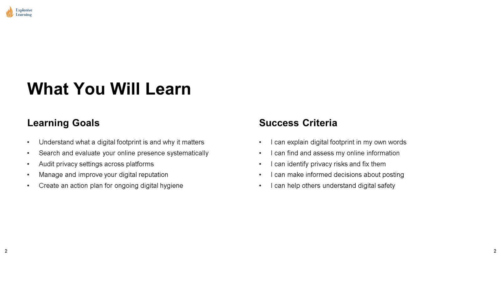 Slide outlining digital footprint learning goals and criteria