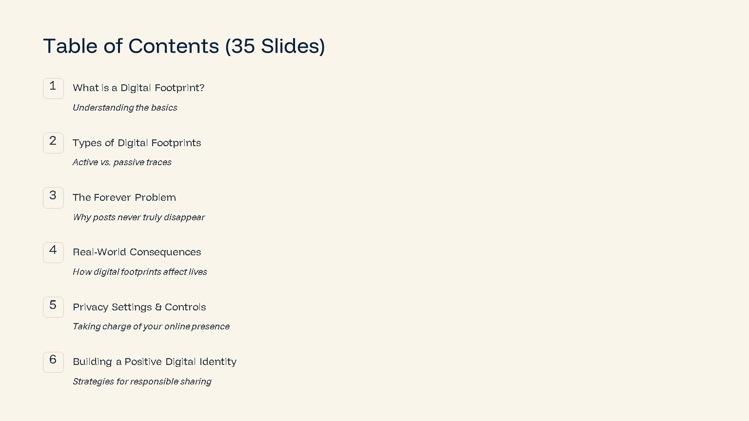 Table of contents slide on digital footprints