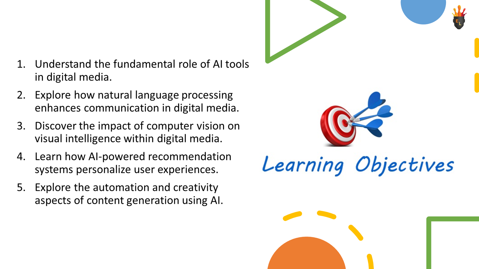 AI learning objectives slide with target graphic