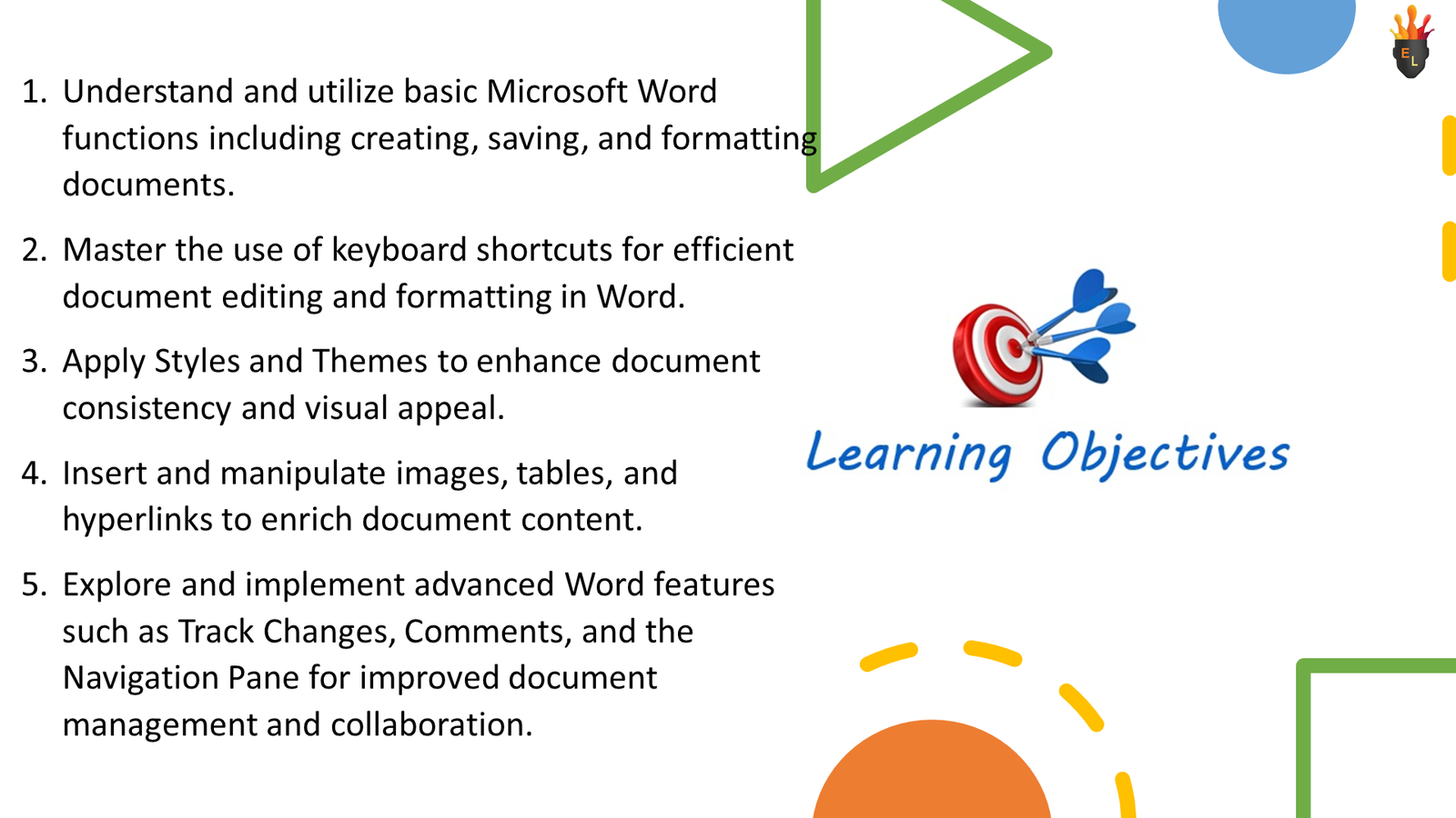 Learning objectives slide for Microsoft Word skills