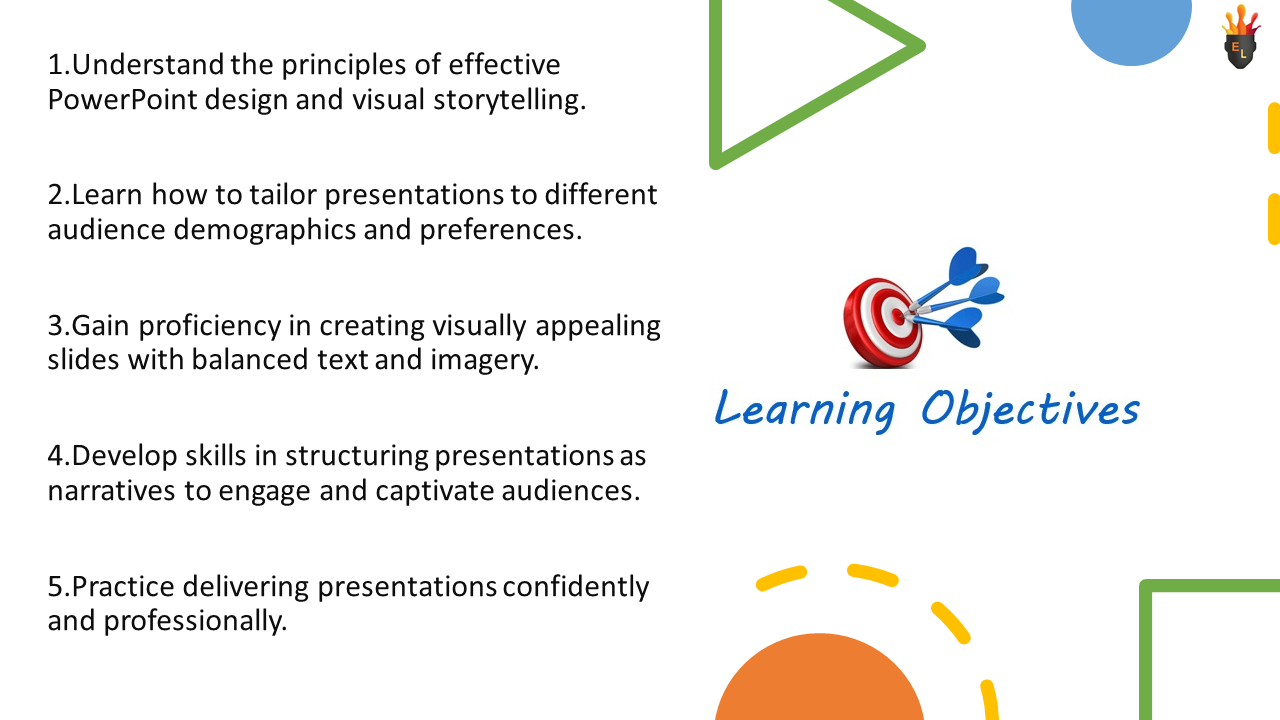 Learning objectives slide with presentation skills points