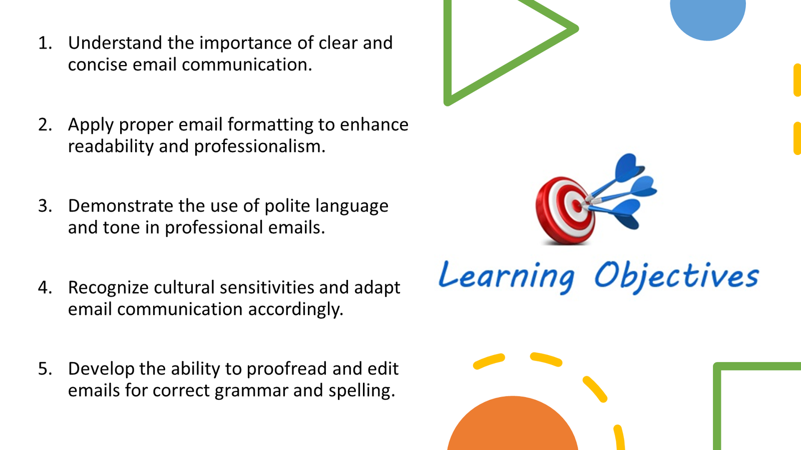 Learning objectives for professional email communication skills