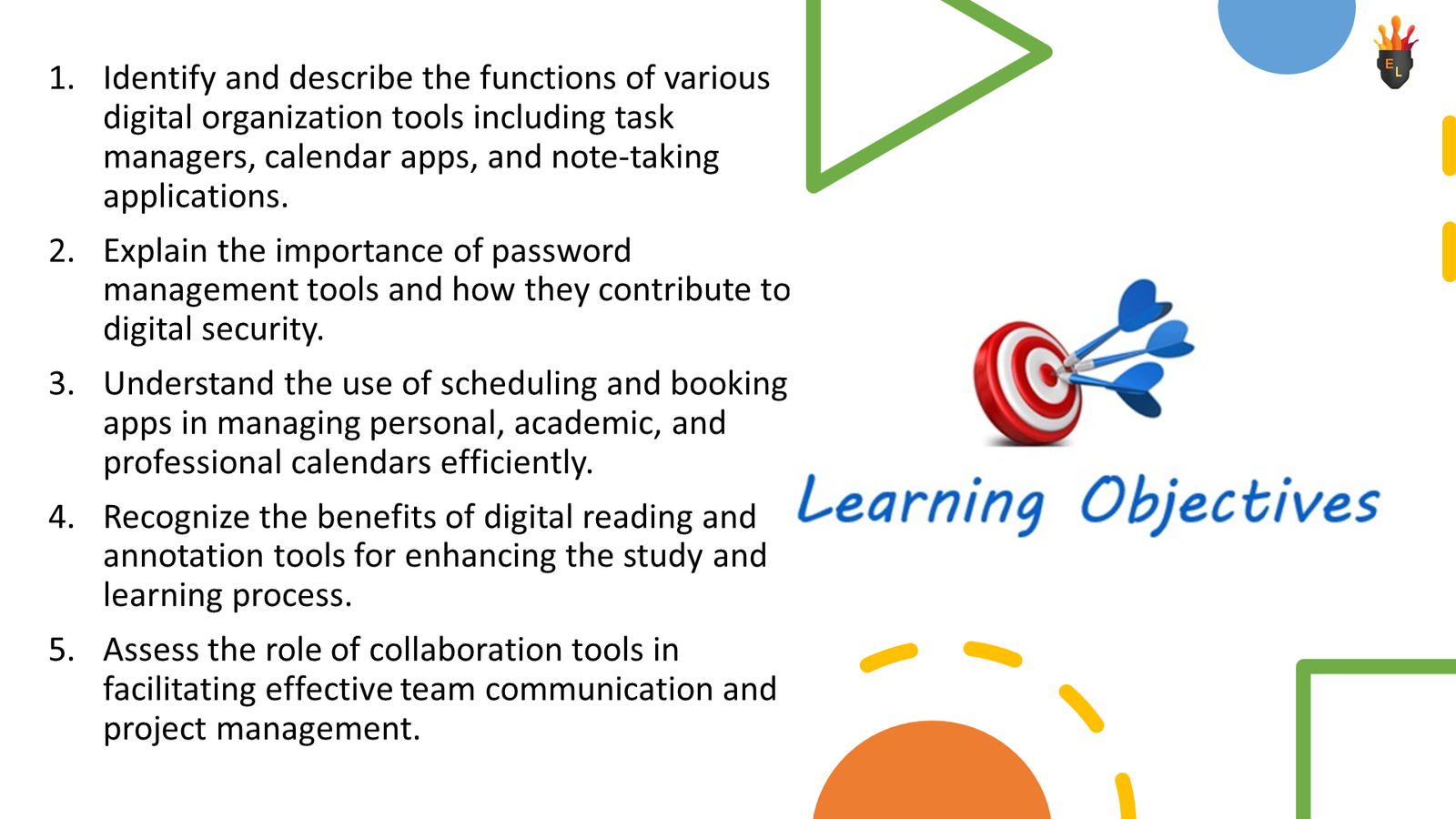 Learning objectives slide about digital tools and security