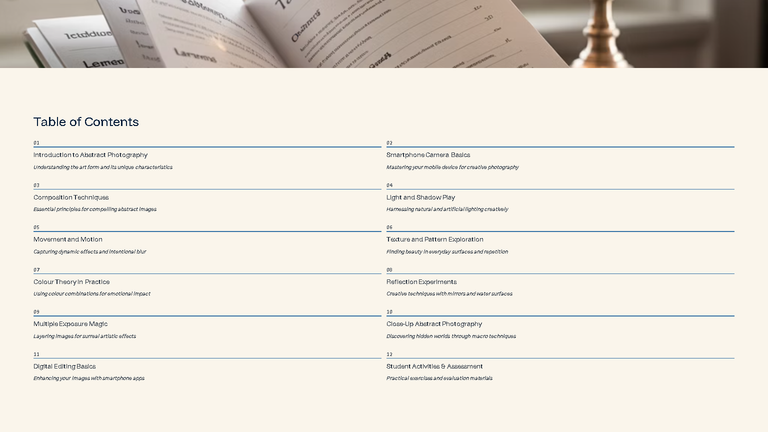 Table of contents for abstract photography guide