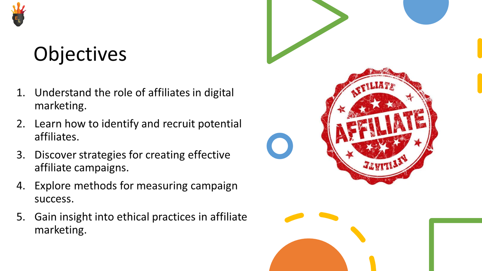 Affiliate marketing objectives slide with red affiliate stamp