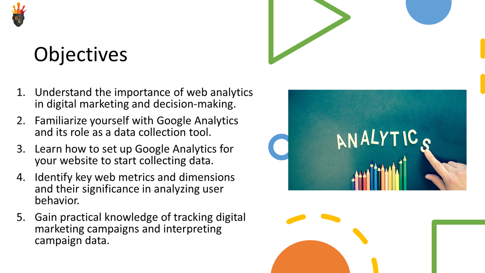Presentation slide outlining web analytics learning objectives