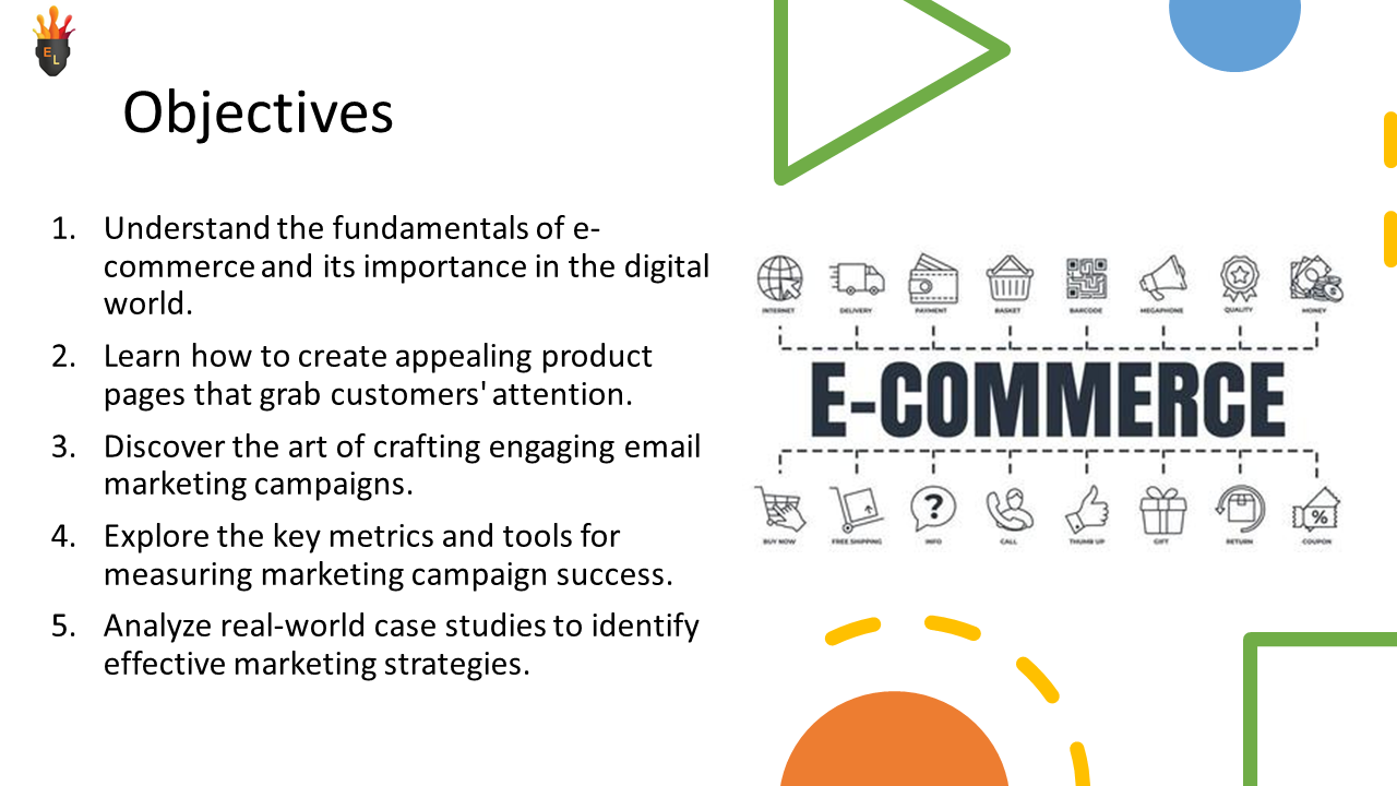 E-commerce objectives slide with marketing goals list