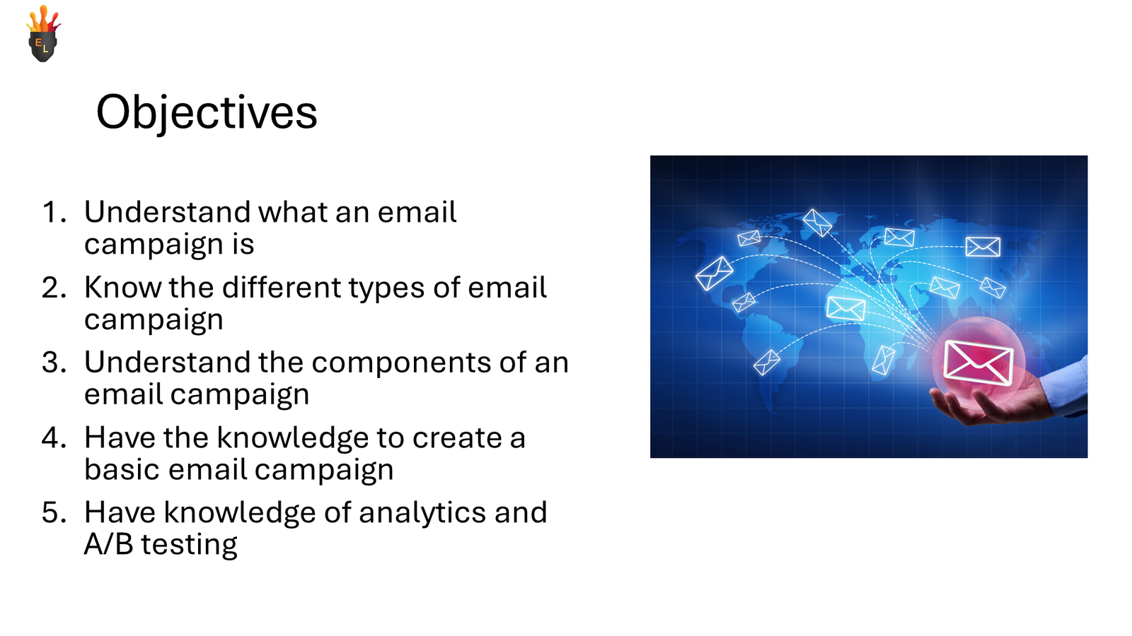 Email campaign objectives slide with global email graphic