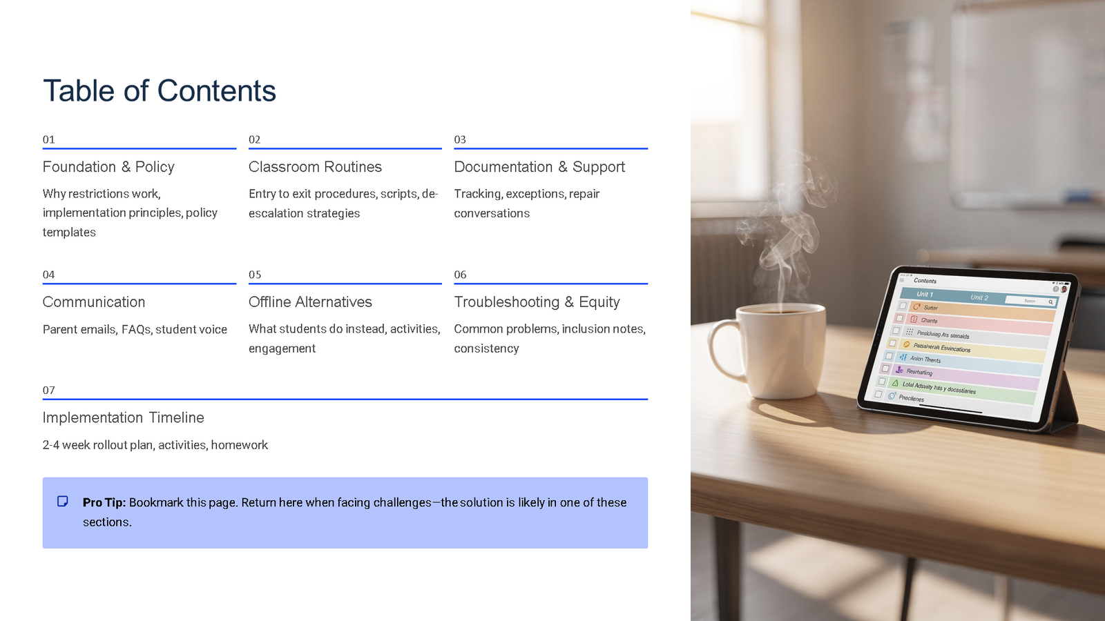 Table of contents slide beside tablet and coffee