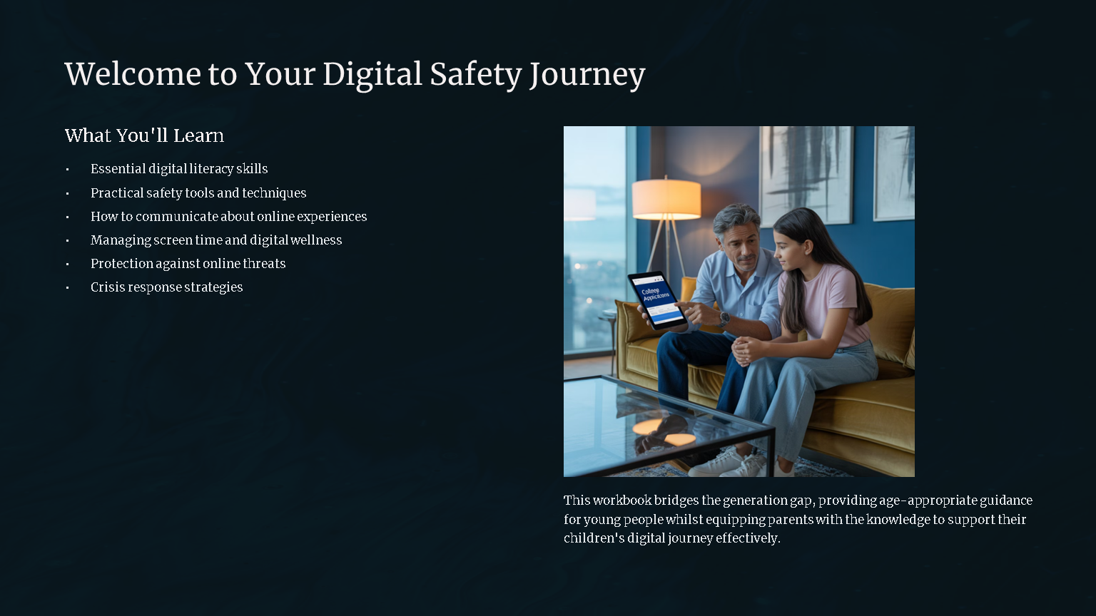 Father and daughter discussing digital safety on tablet