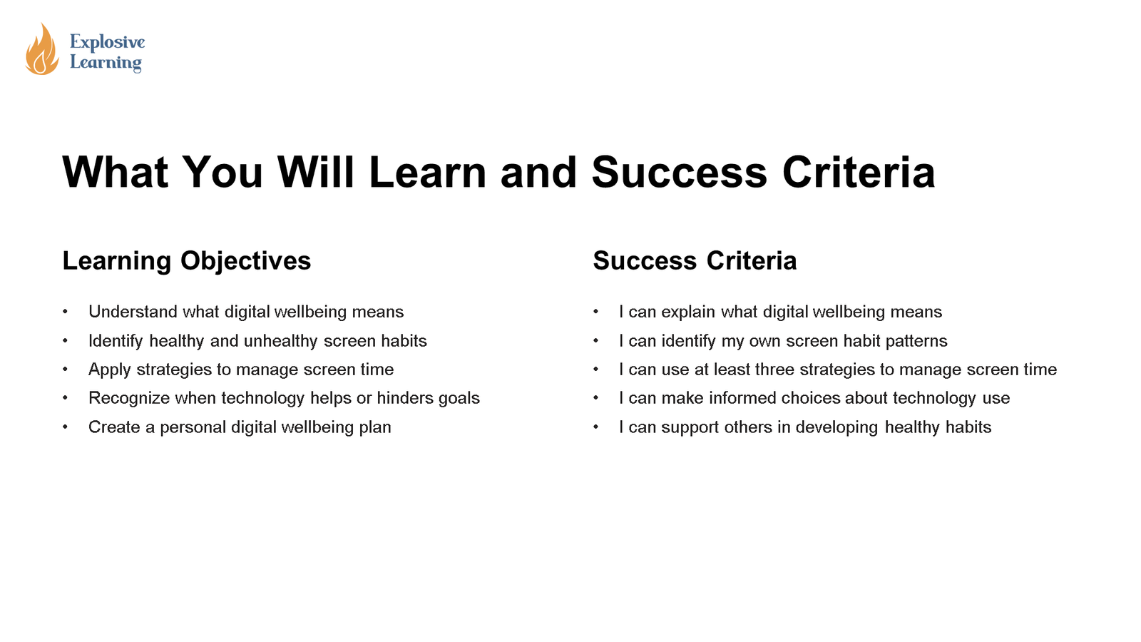 Digital wellbeing learning objectives and success criteria slide