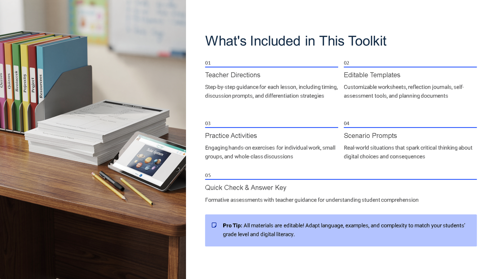Classroom desk with teaching toolkit materials and tablet
