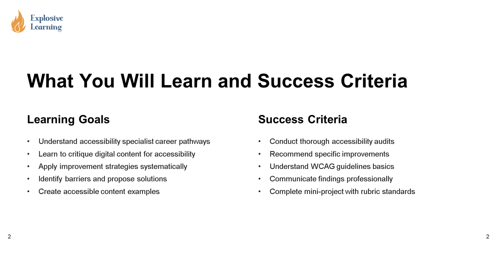 Slide outlining learning goals and success criteria