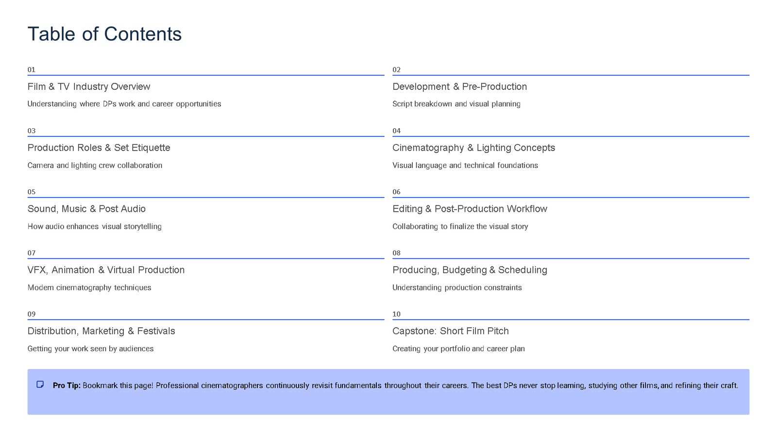 Film and TV course table of contents page
