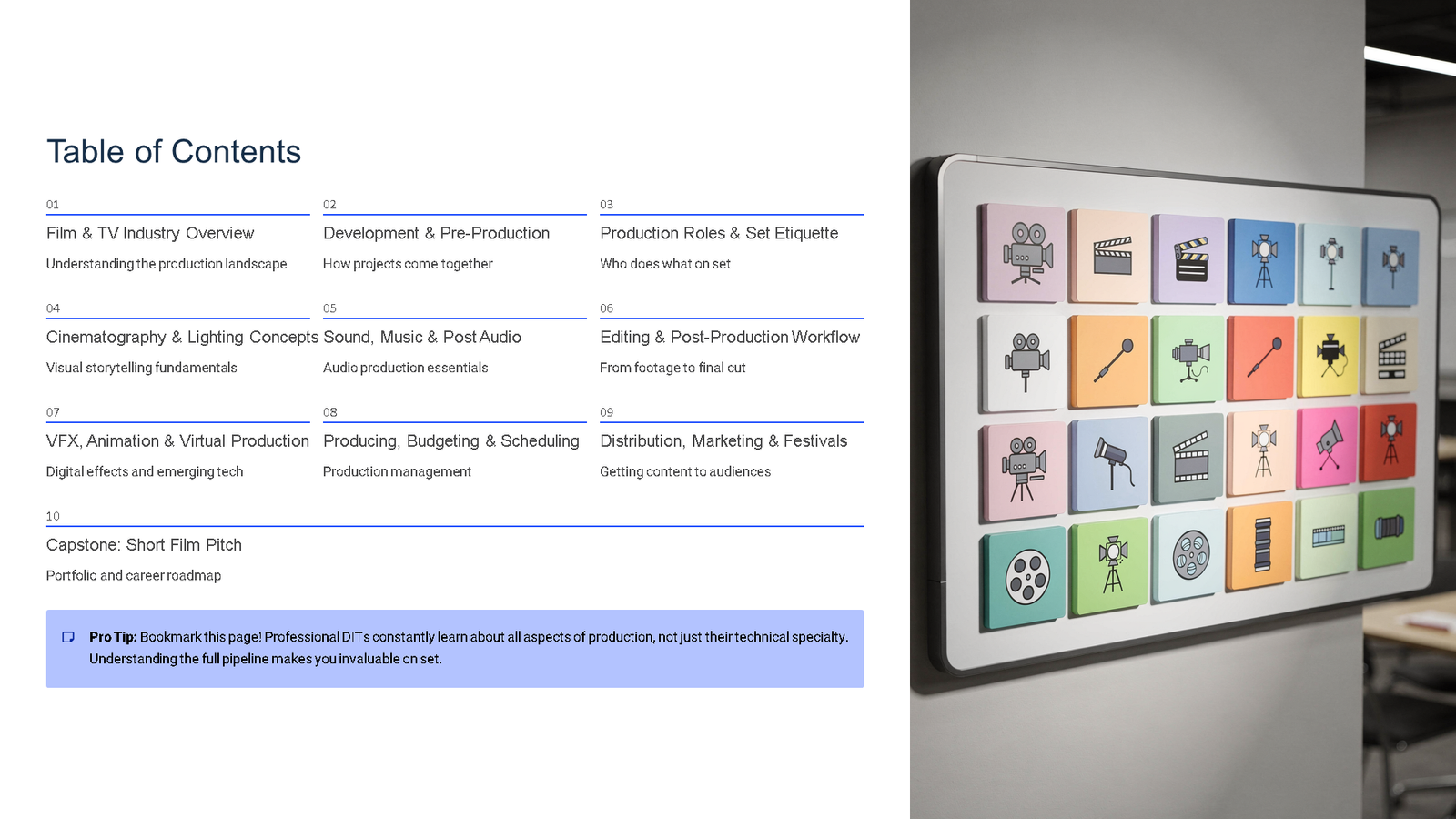 Film production course contents and studio icon display