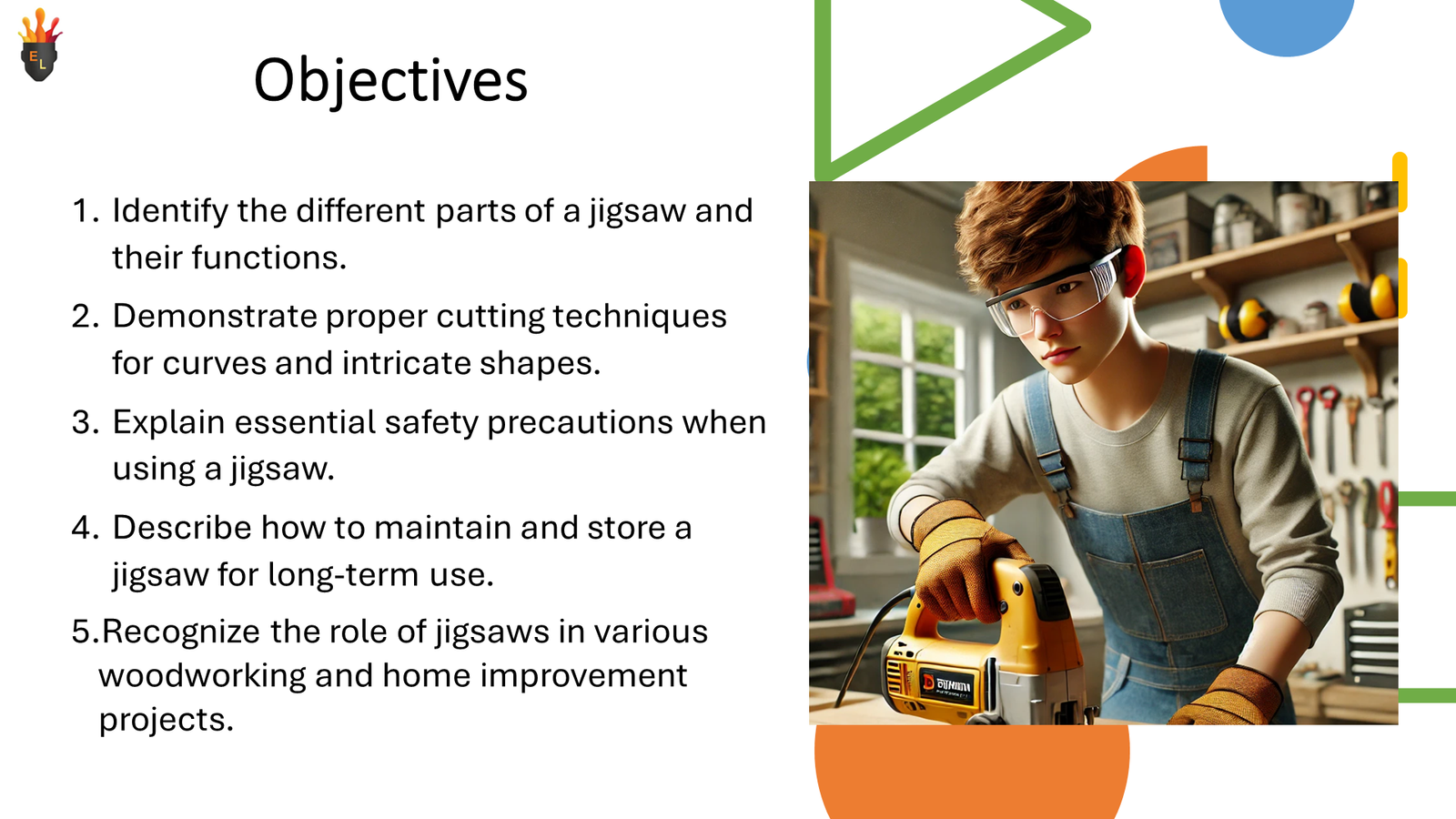 Student using jigsaw in workshop beside objectives slide