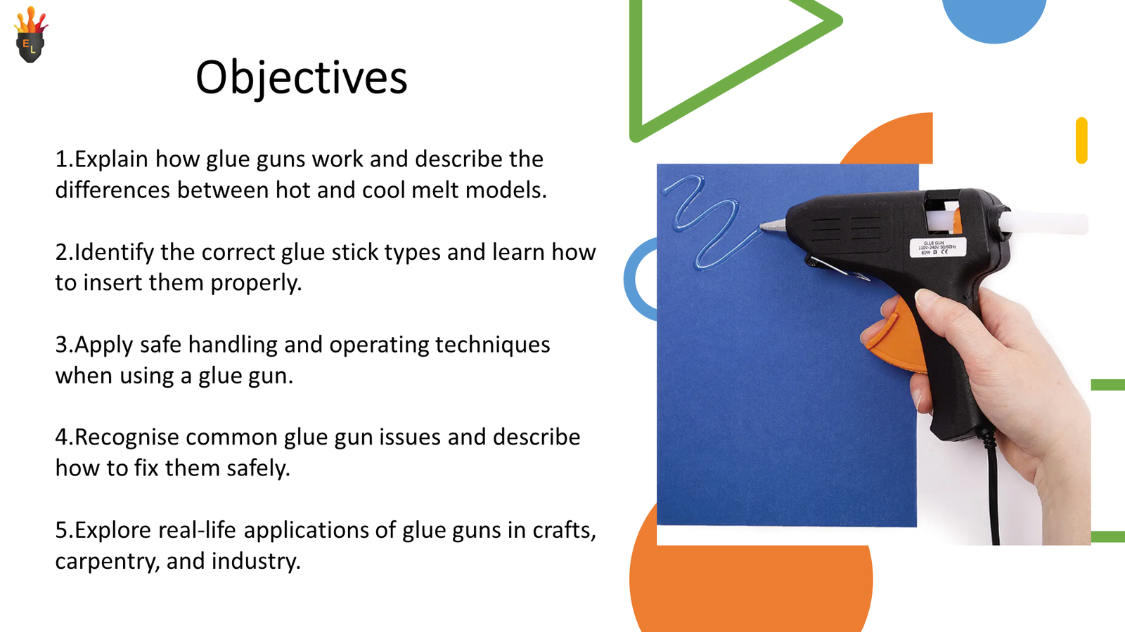 Glue gun applying adhesive on blue paper