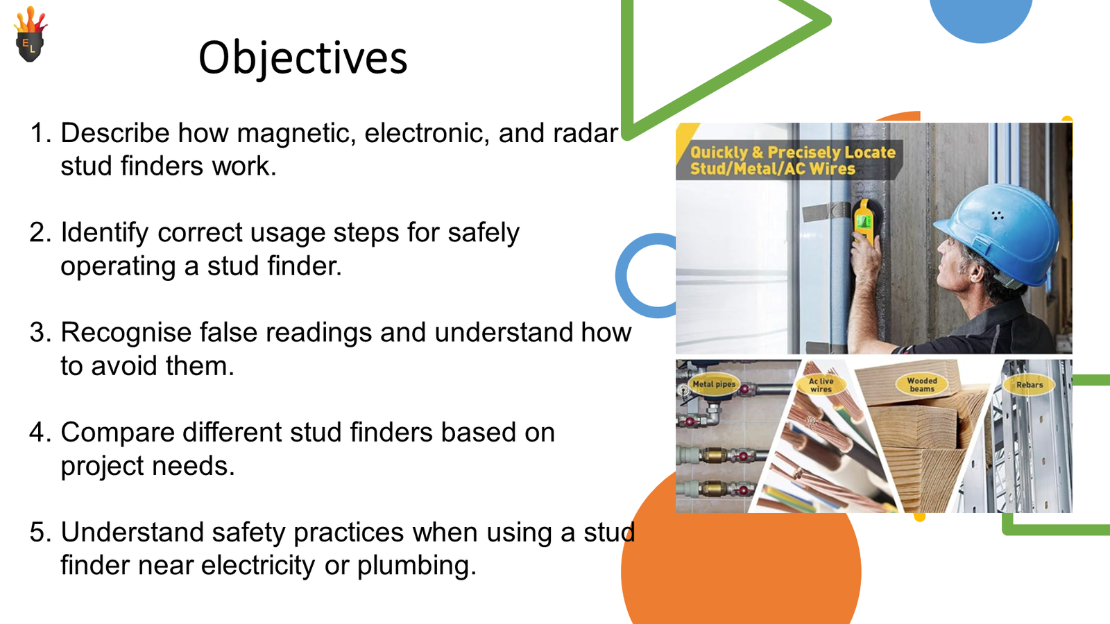 Presentation slide on stud finder objectives and usage
