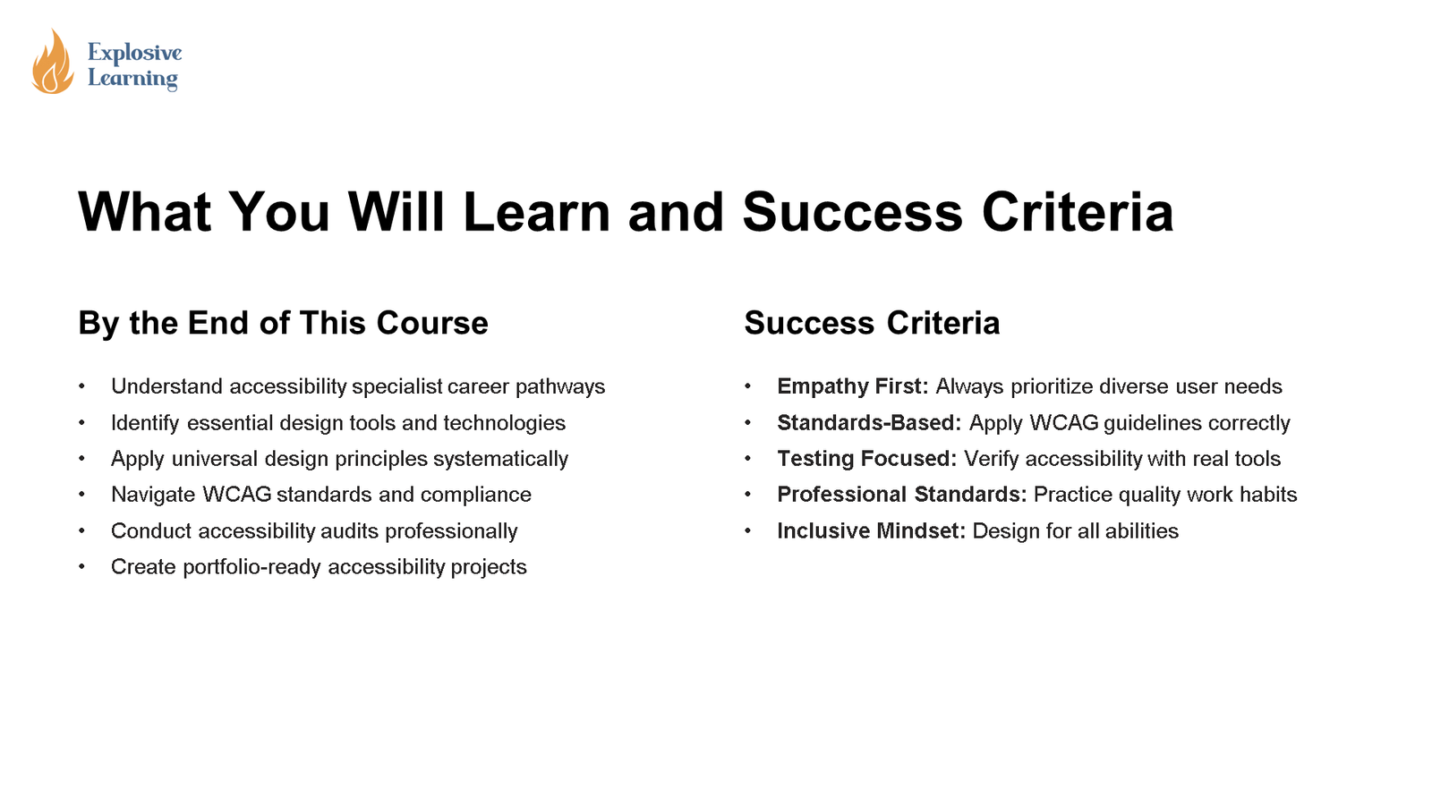 Course learning outcomes and accessibility success criteria slide