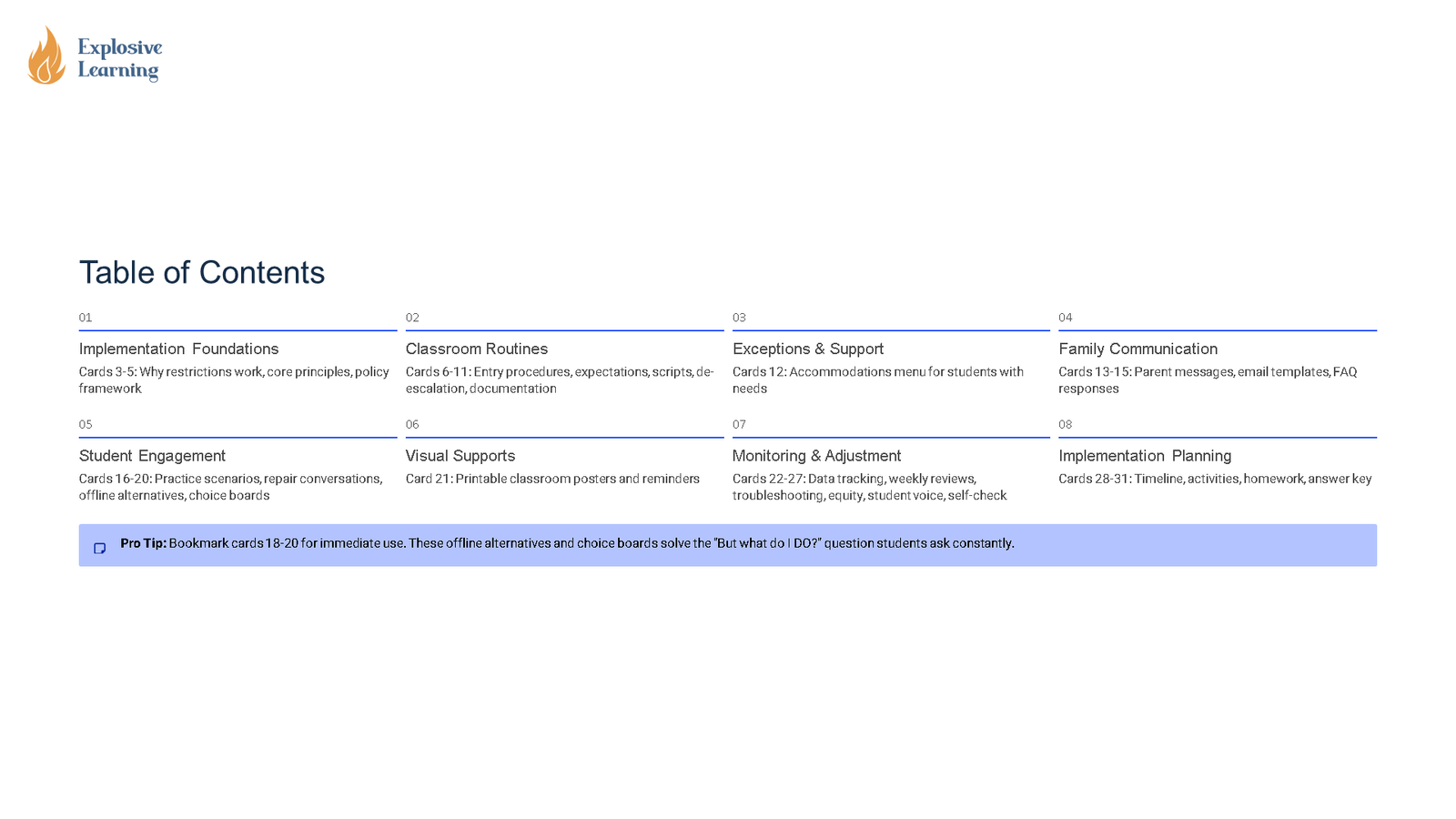 Explosive Learning table of contents slide