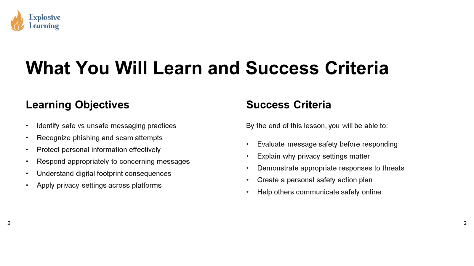 Online safety learning objectives and success criteria slide