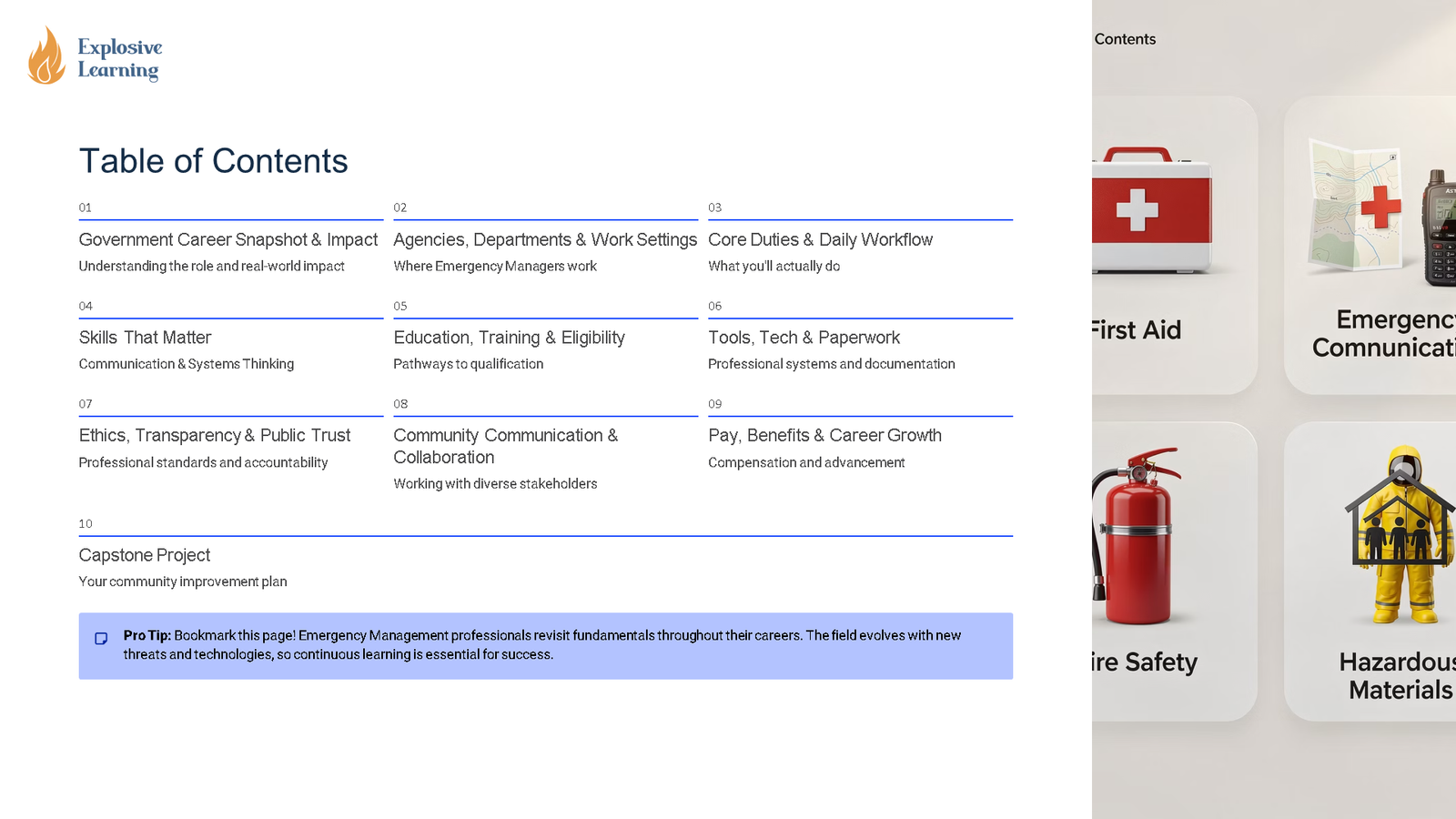 Emergency management course table of contents page