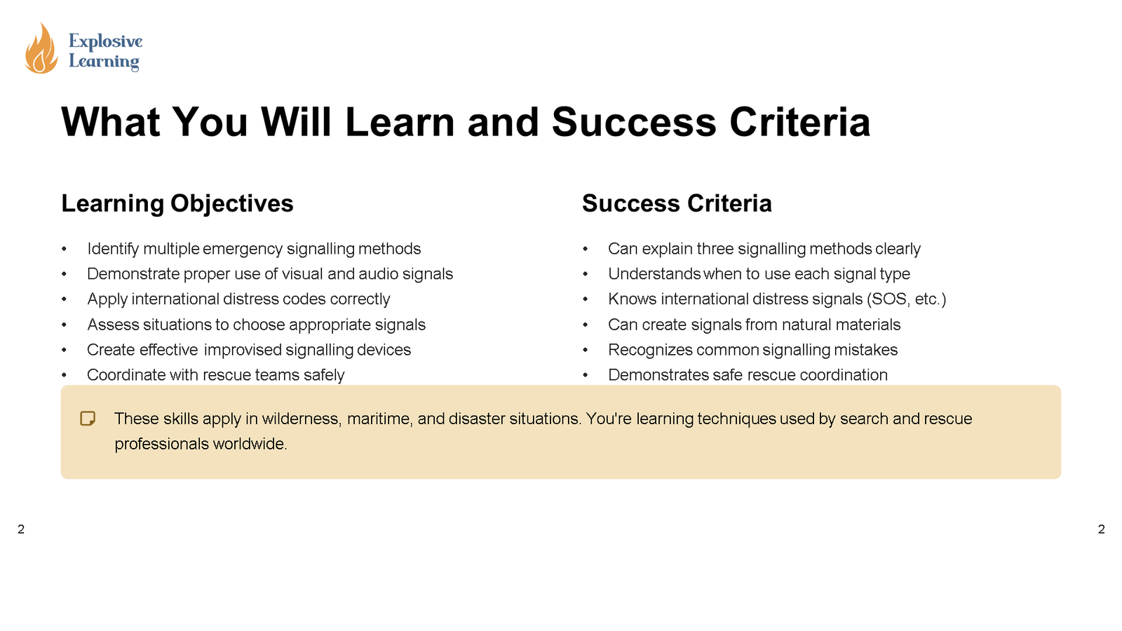 Emergency signalling learning objectives and success criteria slide