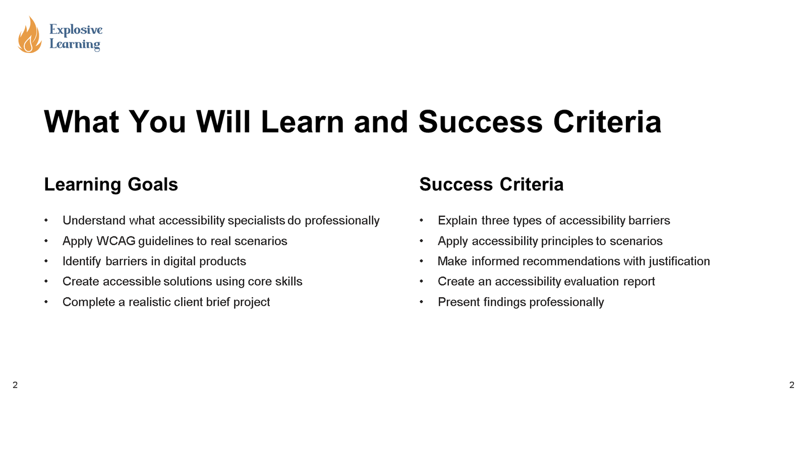 Learning goals and accessibility success criteria slide