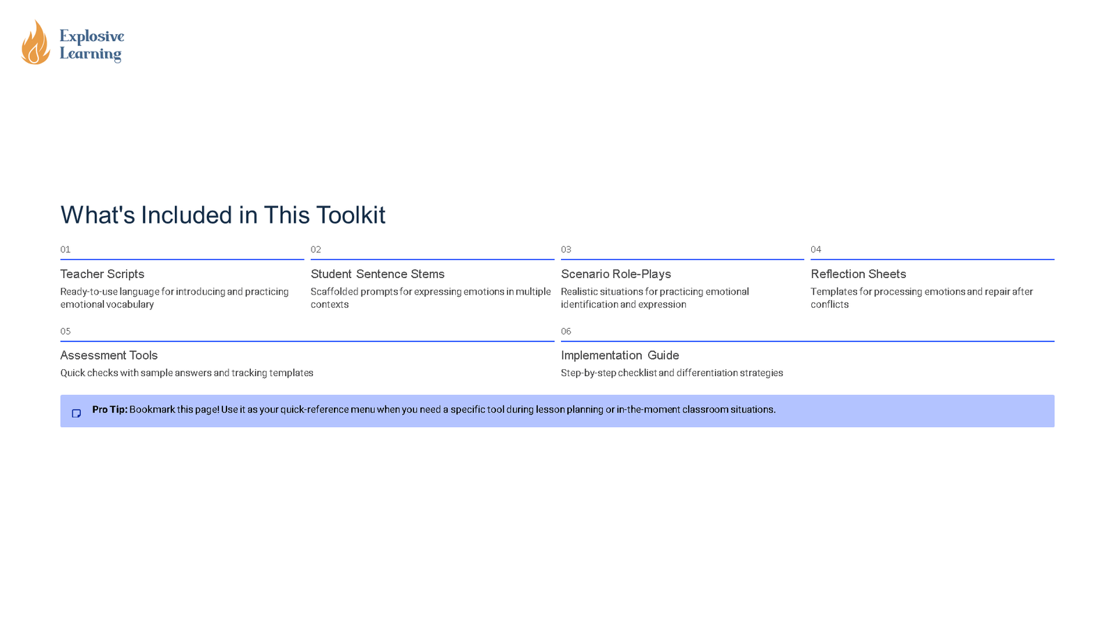 Toolkit contents overview slide with six sections