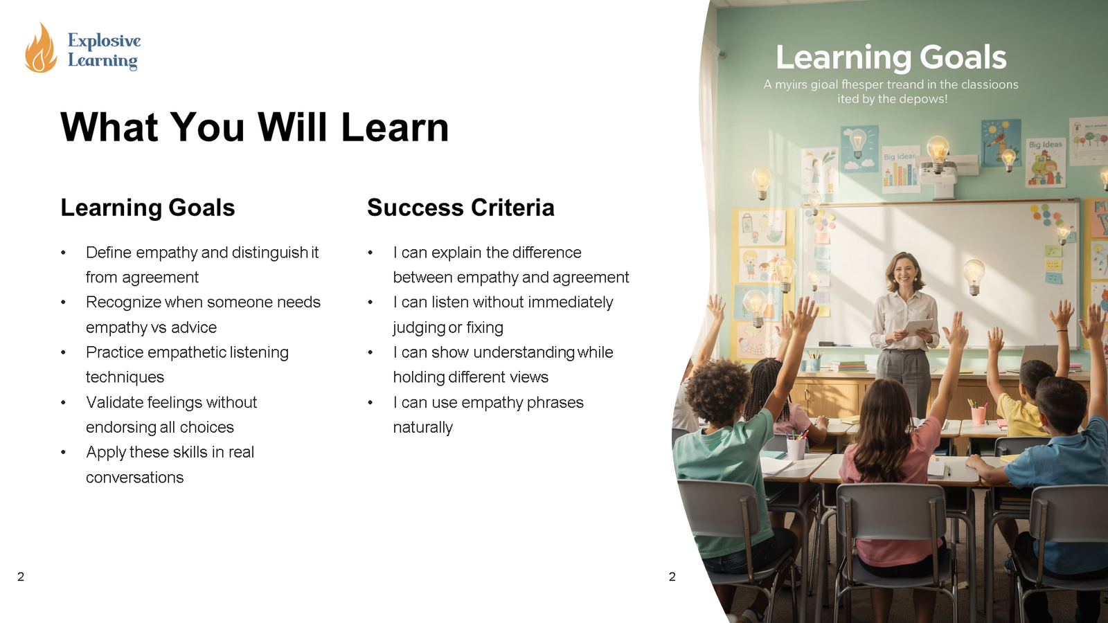 Classroom learning goals slide with teacher and pupils