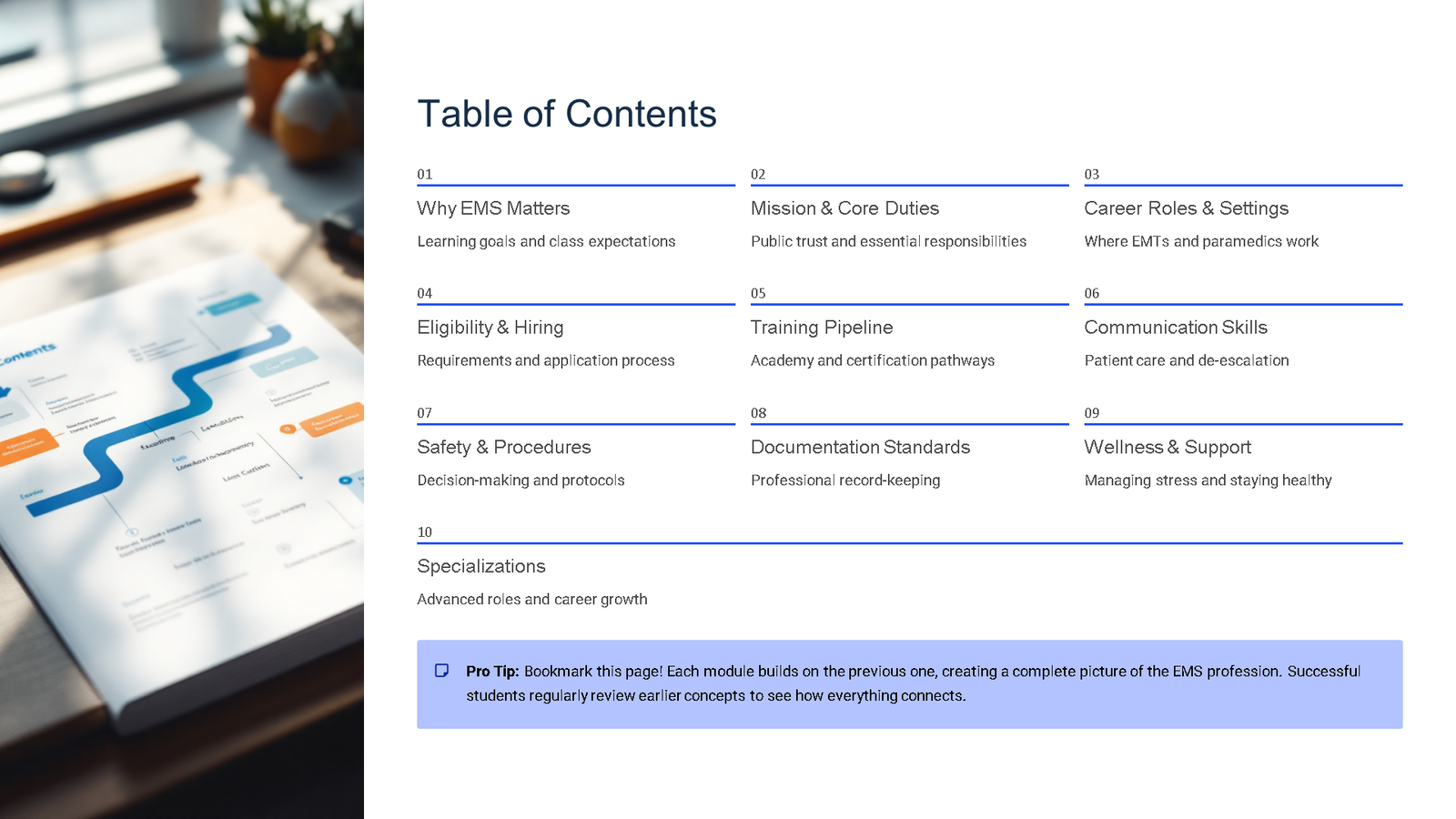 EMS course table of contents slide