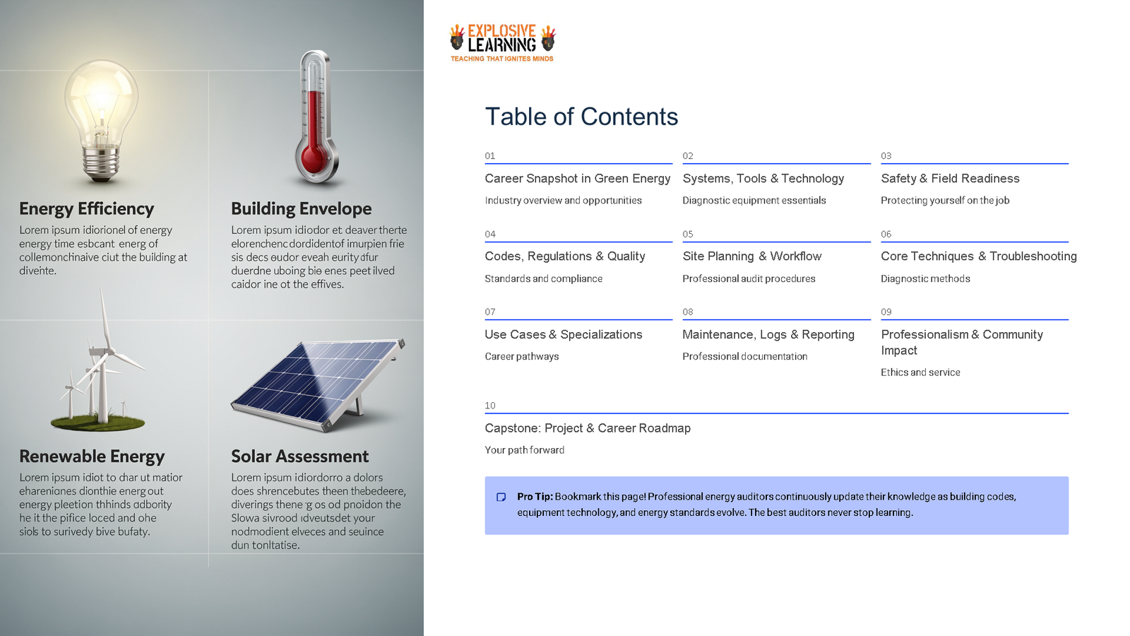 Green energy course table of contents slide