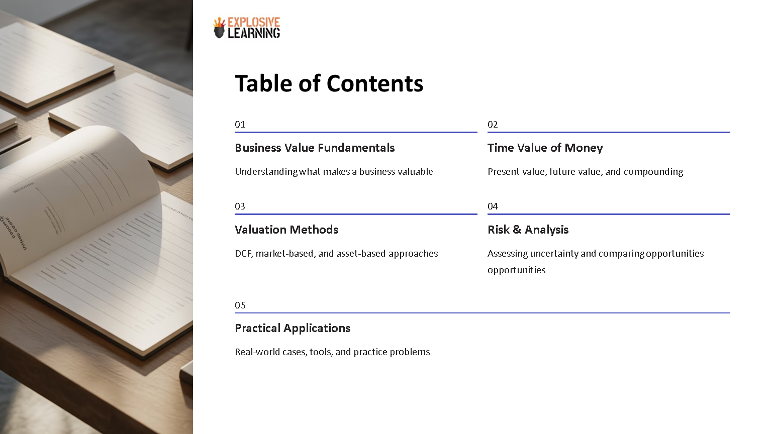 Business valuation course table of contents slide