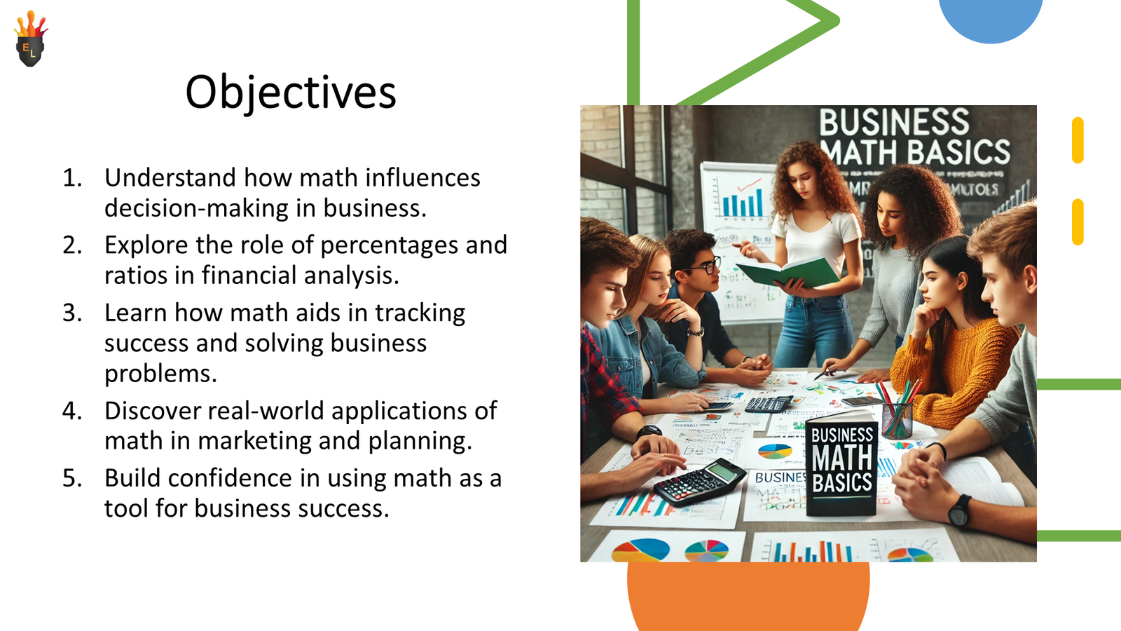 Students studying business maths with charts and calculator