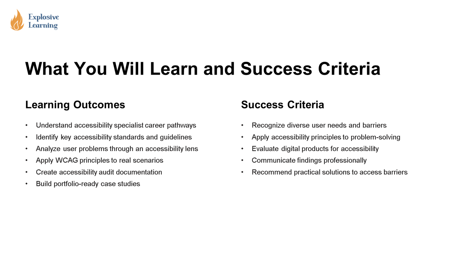 Accessibility course learning outcomes and success criteria slide