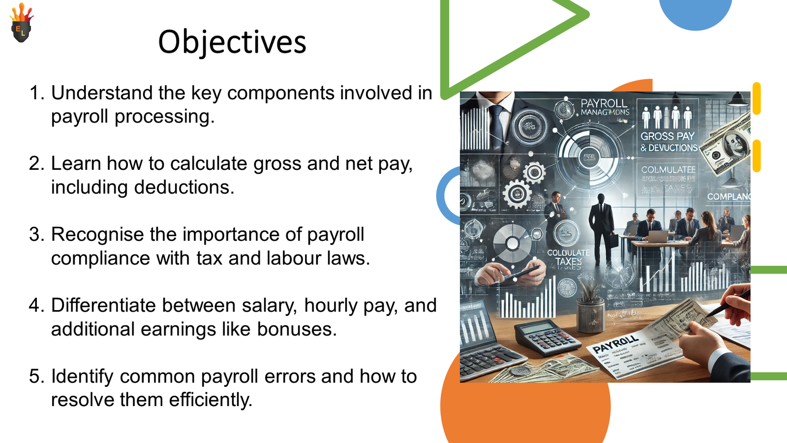 Payroll objectives slide with business finance illustration