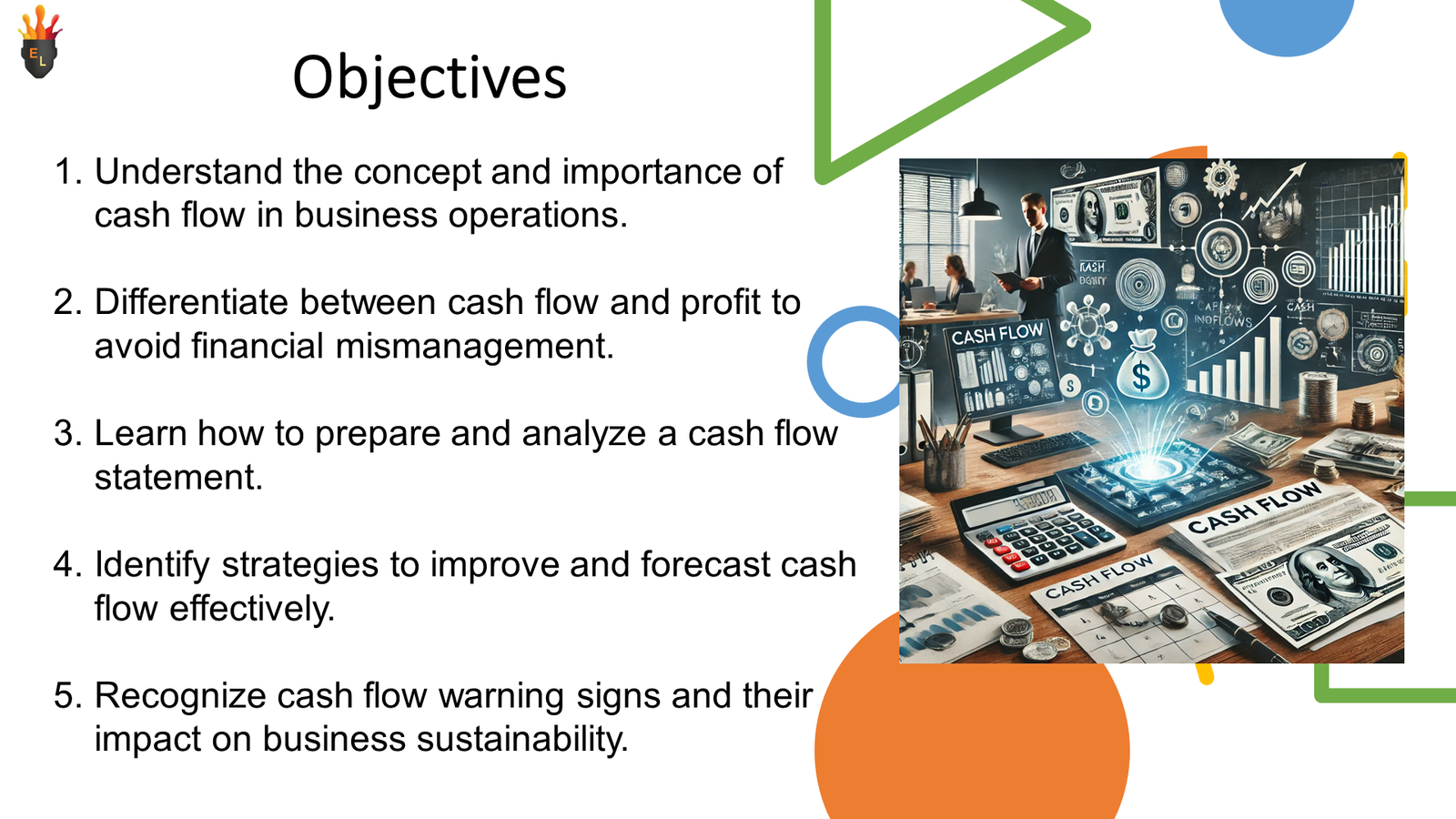 Presentation slide on cash flow objectives and analysis
