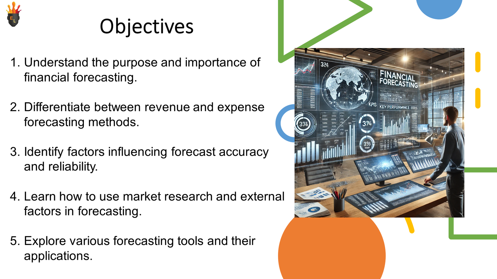 Financial forecasting objectives slide with analytics dashboard