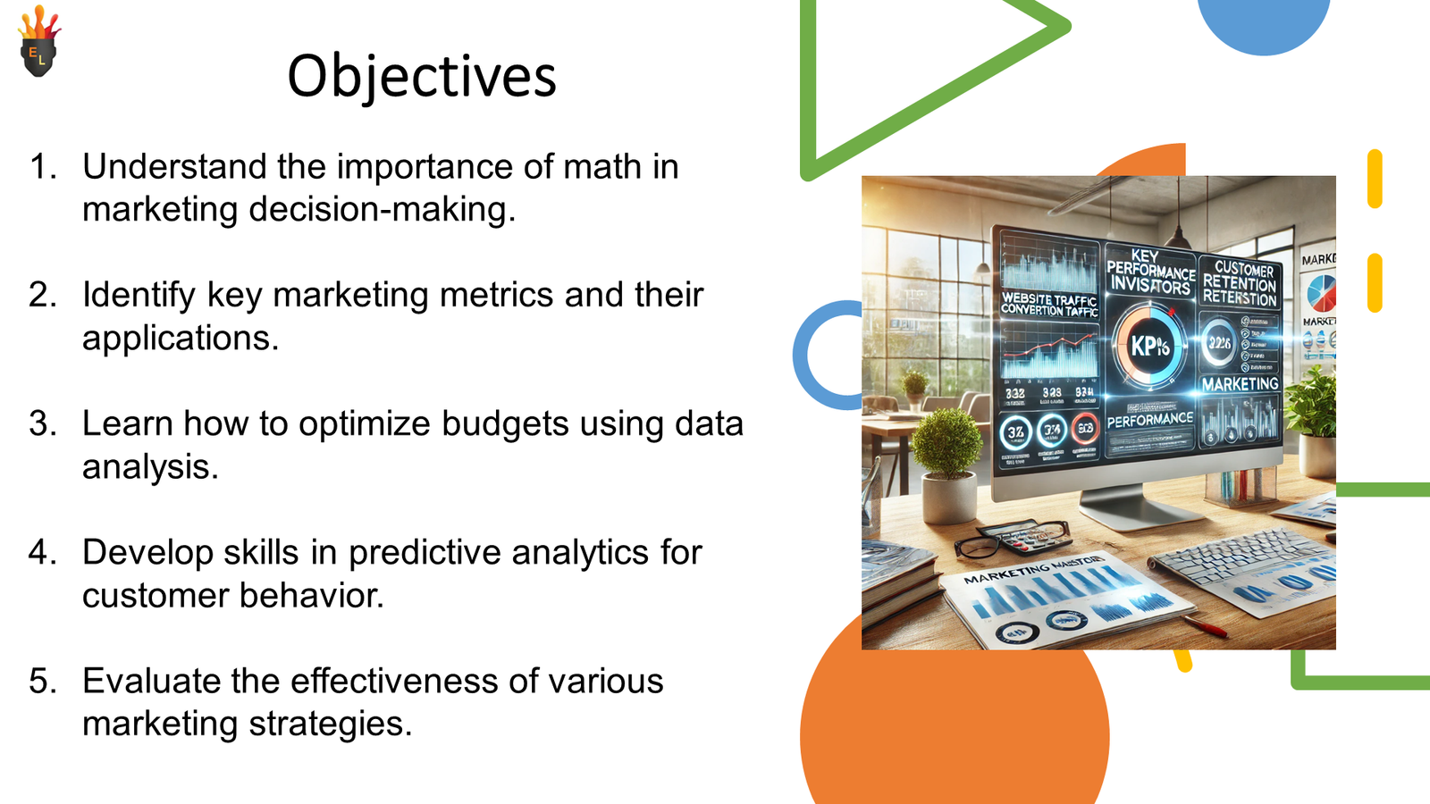 Marketing objectives slide with analytics dashboard image