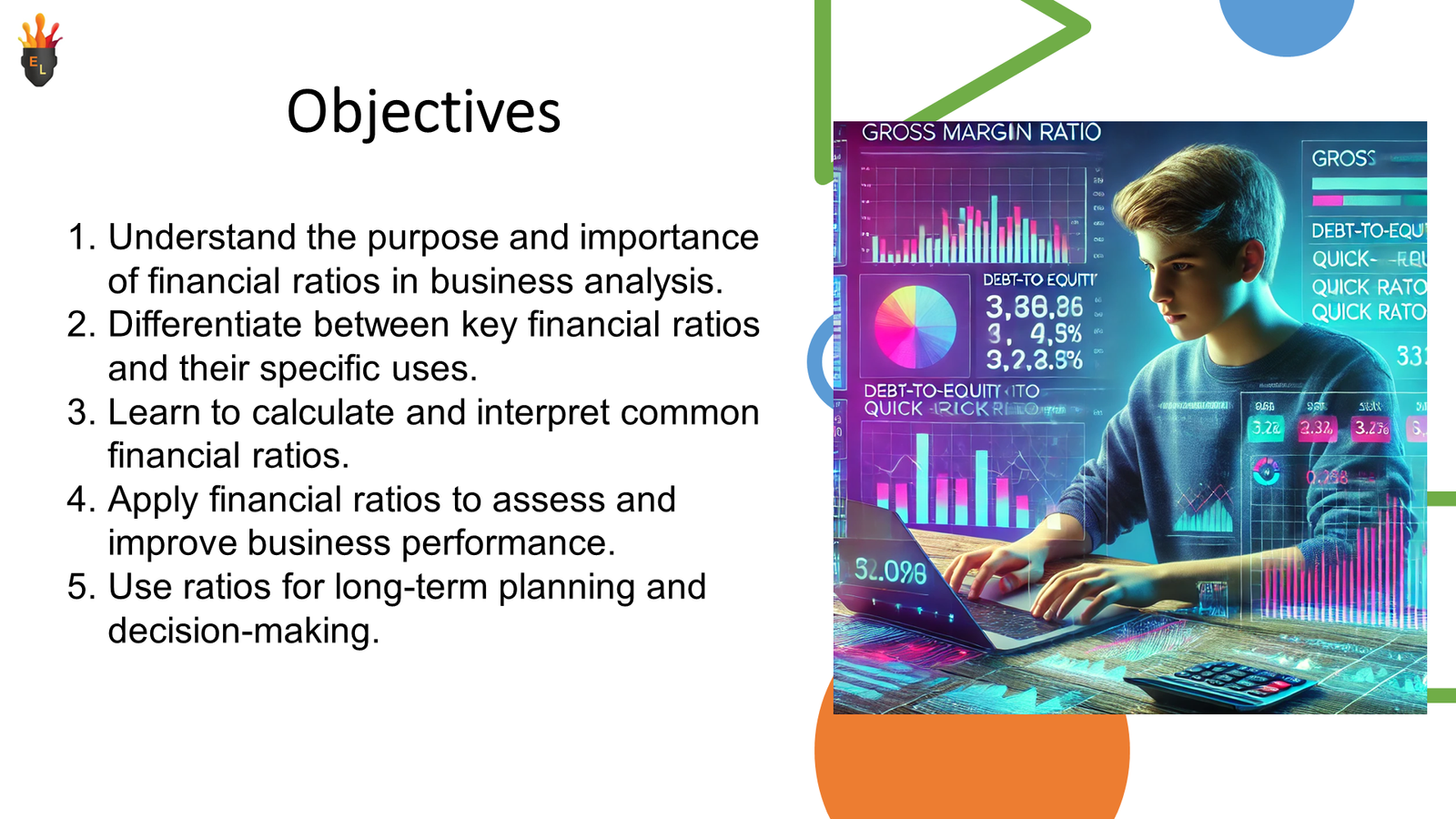 Presentation slide on financial ratios with analytics illustration