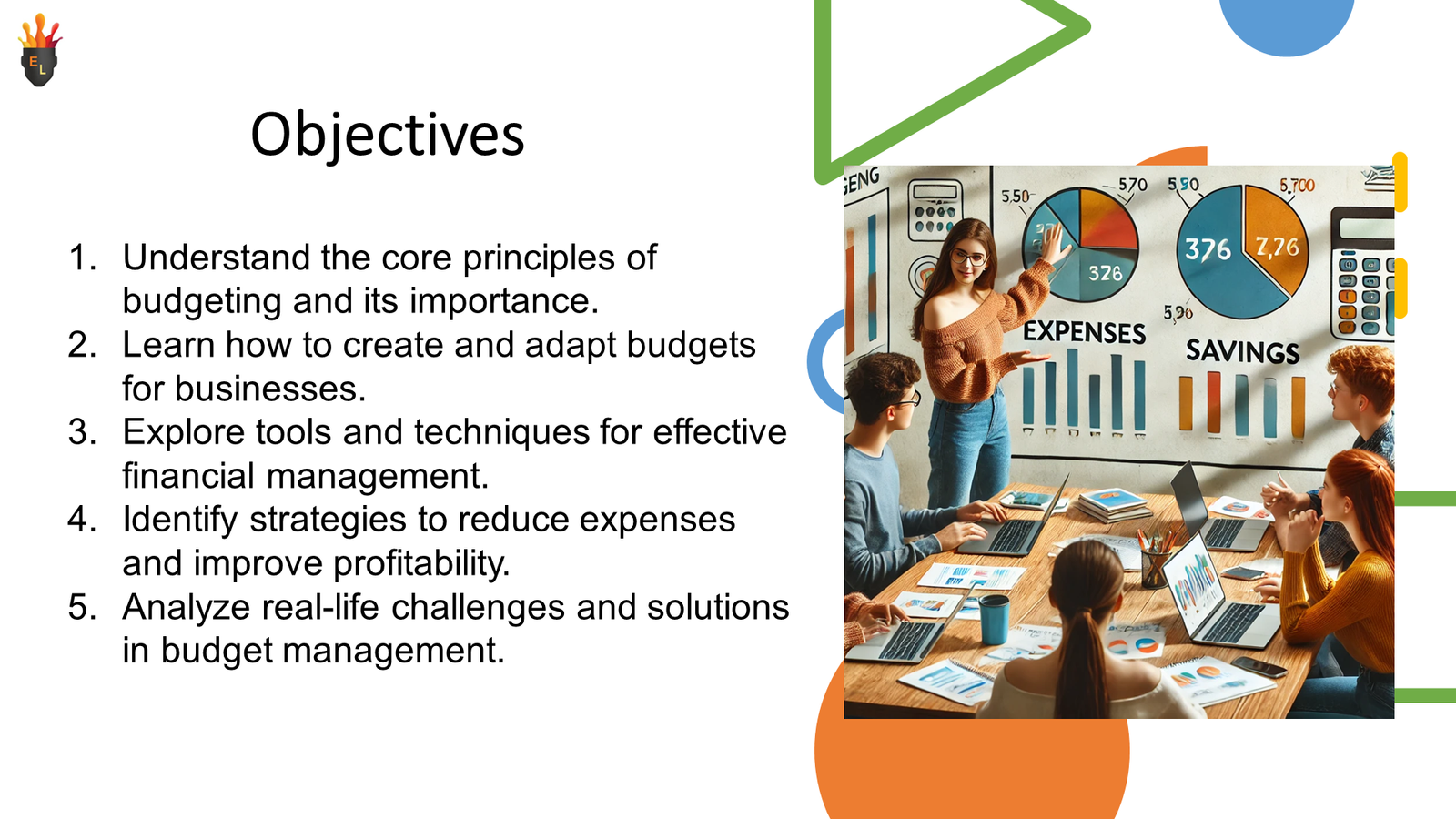 Budgeting workshop presentation with charts and team discussion