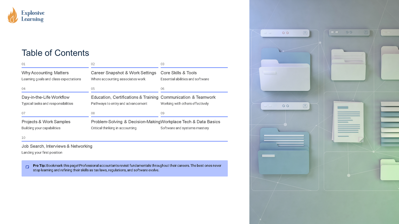 Accounting course table of contents with digital folders graphic